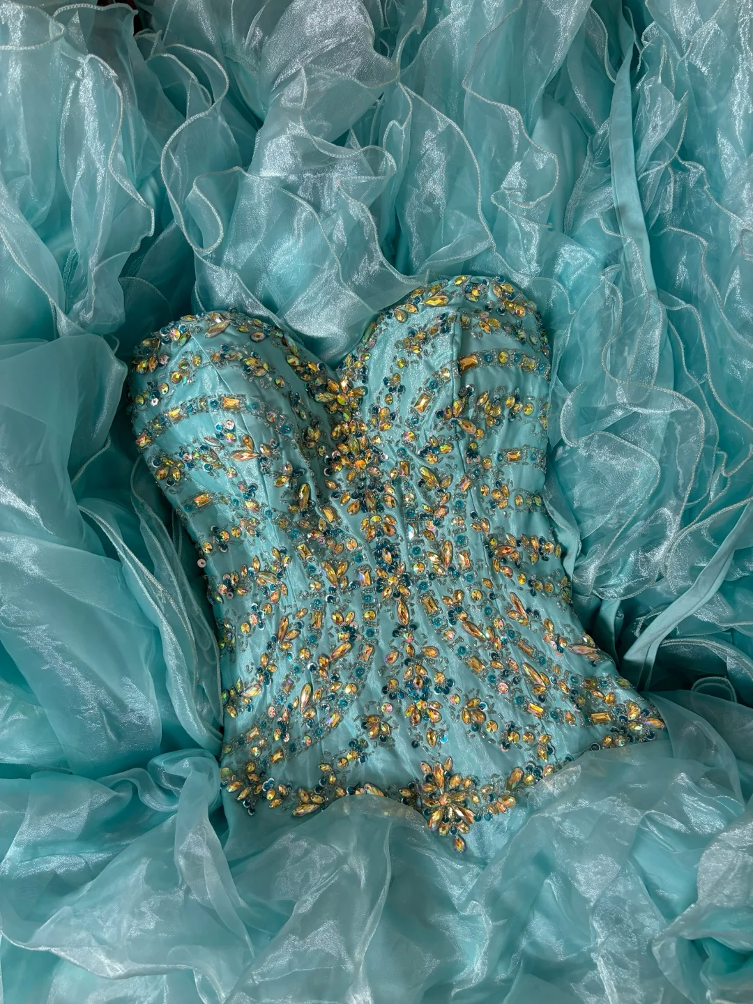 Tiffany Blue Strapless Beading Organza Vintage Long Party Dress Evening Gown, D617