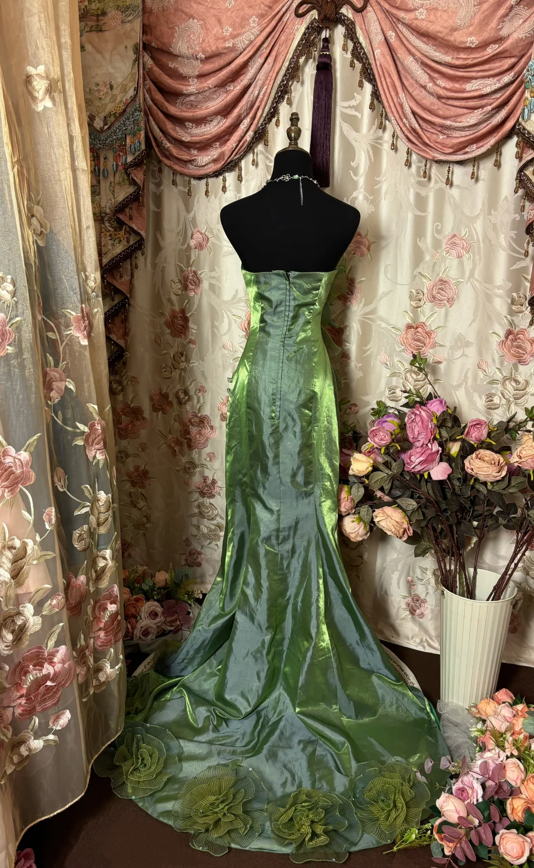 Retro Green Strapless Organza Tiered Sheath Long Party Dress Evening Gown, D619