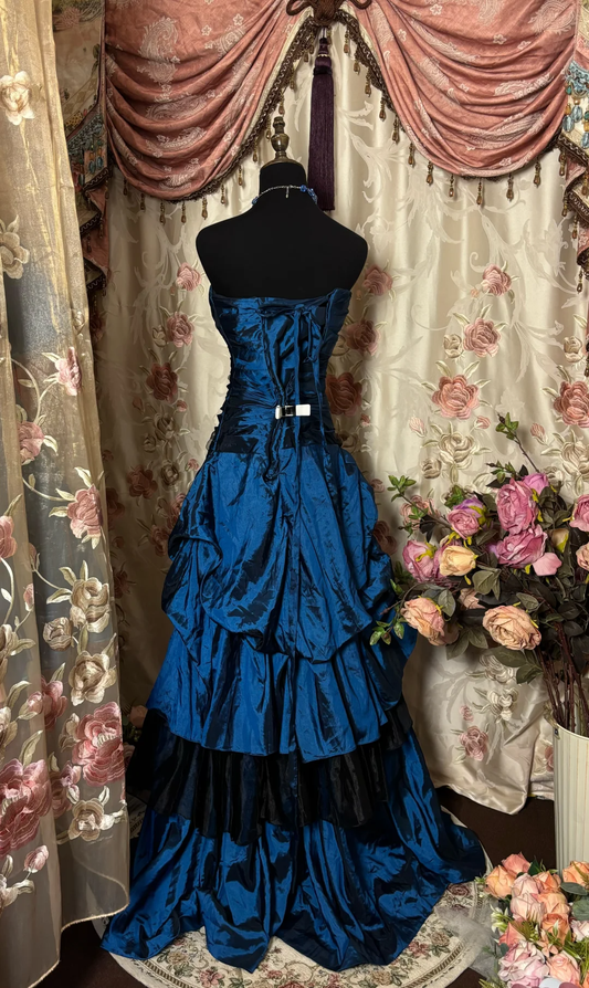 Marineblaues A-Linien-Satin-Retro-Partykleid mit Herzausschnitt, langes Abendkleid, D620