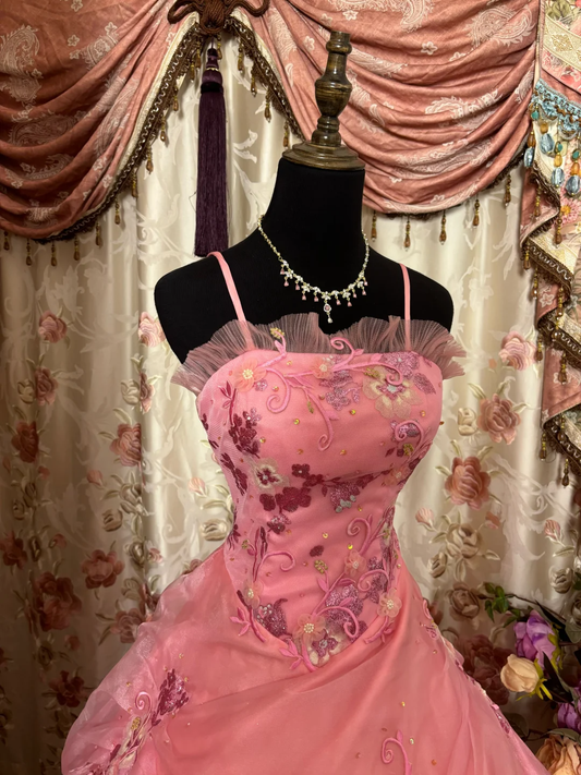 Rosa Träger A-Linie Satin Perlenbesetztes Retro Langes Partykleid Abendkleid, D621