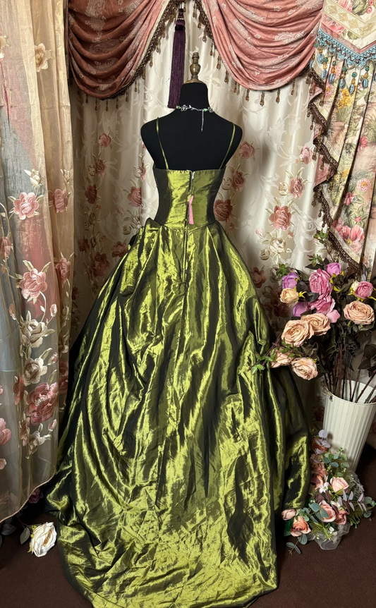 Grüne Spaghettiträger A-Linie Satin Retro Langes Partykleid Abendkleid, D622