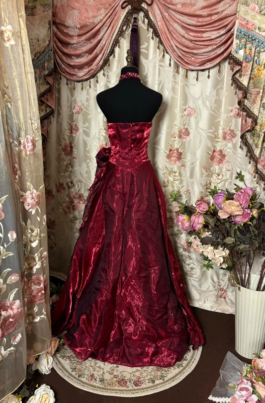 Burgunderrotes trägerloses A-Linien-Kleid mit Organza-Perlenbesatz im Vintage-Stil, langes Abend- und Partykleid, D630