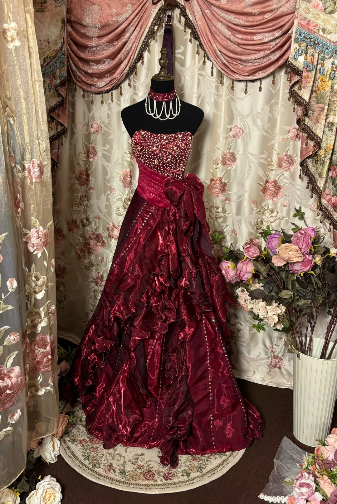 Burgundy Strapless A-Line Organza Beading Vintage Long Evening Party Dress, D630