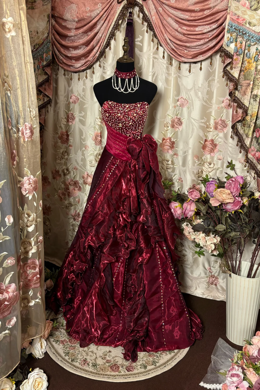 Burgunderrotes trägerloses A-Linien-Kleid mit Organza-Perlenbesatz im Vintage-Stil, langes Abend- und Partykleid, D630