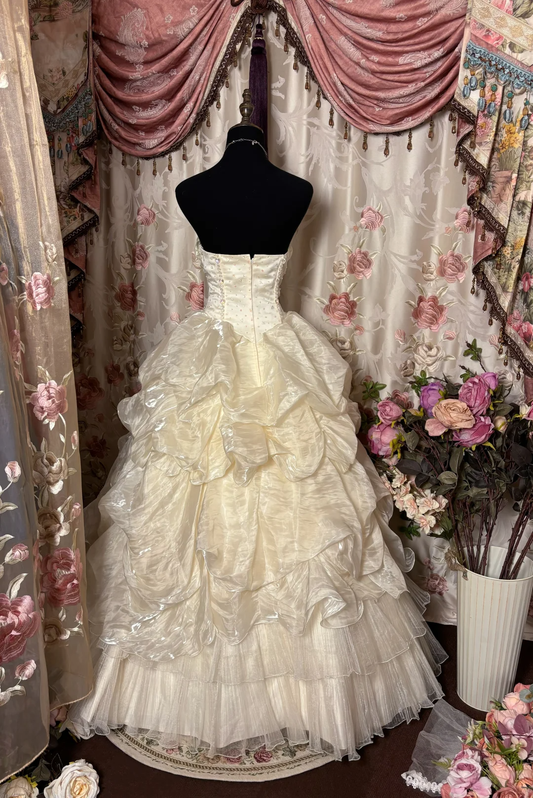 Robe de soirée longue vintage en organza, coupe trapèze, couleur champagne clair, sans bretelles, D631