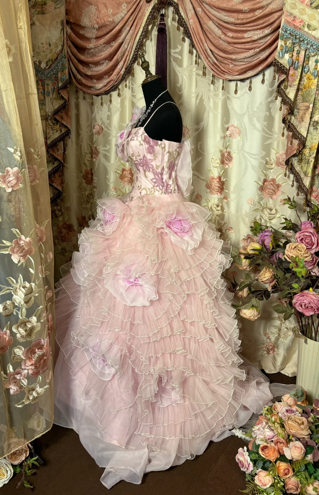 Light Pink Straps A-Line Organza Floral Vintage Long Party Dress Evening Gown, D633