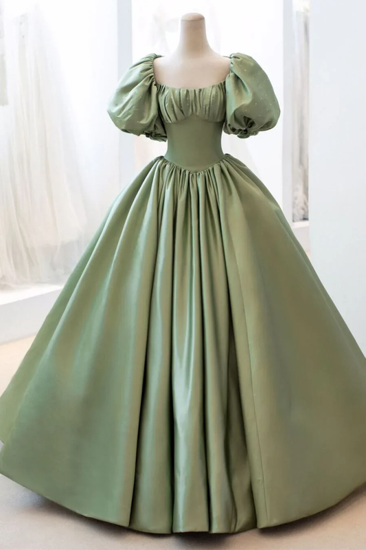Robe longue de soirée formelle en satin vert clair à manches bouffantes, coupe trapèze, robe d'anniversaire, D635