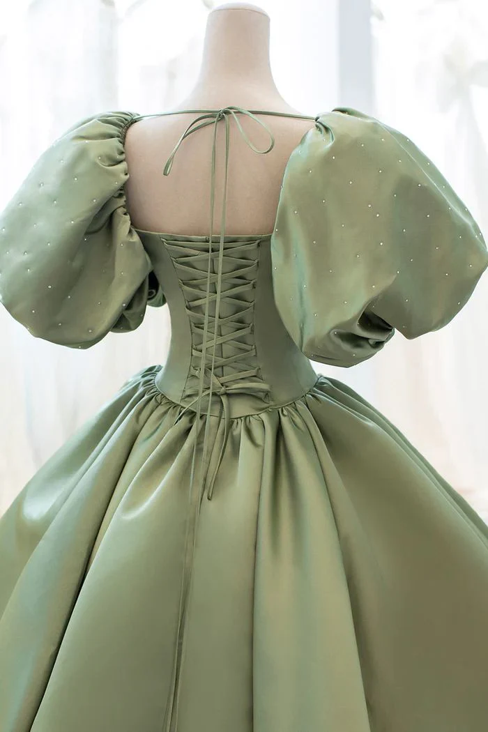 Robe longue de soirée formelle en satin vert clair à manches bouffantes, coupe trapèze, robe d'anniversaire, D635