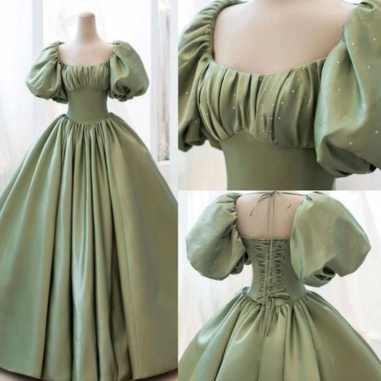 Robe longue de soirée formelle en satin vert clair à manches bouffantes, coupe trapèze, robe d'anniversaire, D635