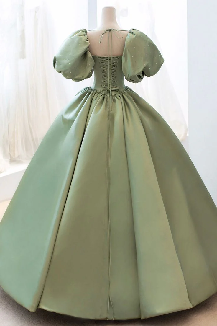 Robe longue de soirée formelle en satin vert clair à manches bouffantes, coupe trapèze, robe d'anniversaire, D635
