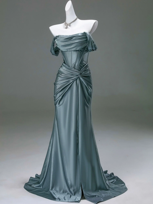 Robe de soirée longue élégante en satin à épaules dénudées et style sirène, D638