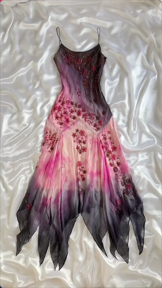 Robe de soirée longue vintage en mousseline de soie, à bretelles spaghetti, effet ombré, avec perles, D639