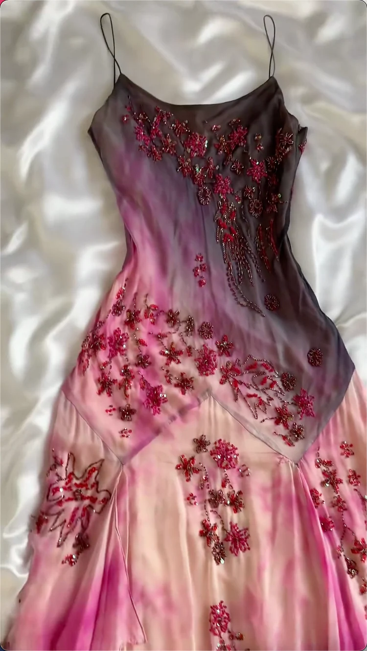 Vintage Spaghetti Straps Ombre Sheath Beading Chiffon Long Party Dress, D639