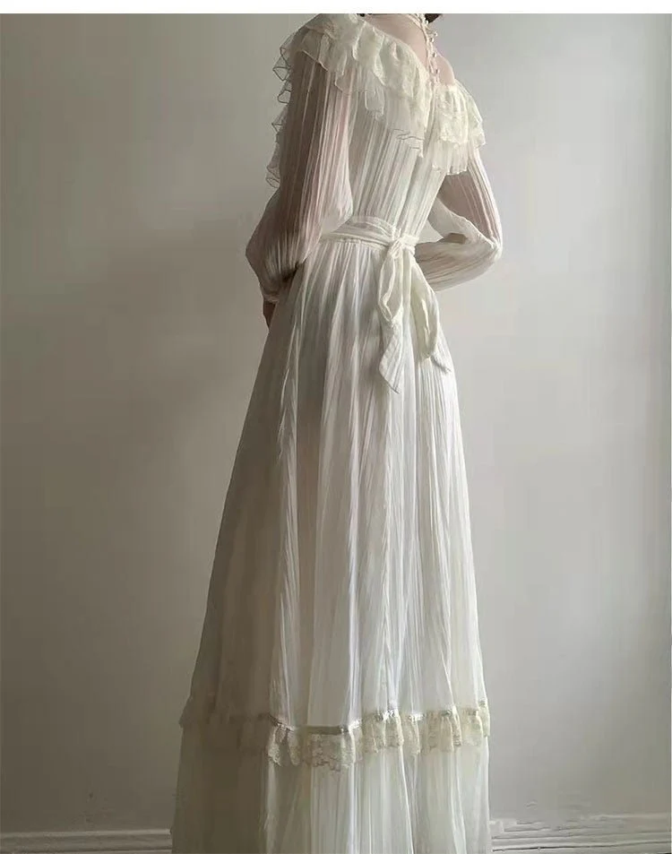 Robe de soirée longue blanche à col montant et manches longues, coupe trapèze, en mousseline de soie et dentelle, style vintage, D640