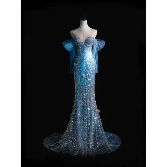 Wunderschönes blaues Meerjungfrau-Pailletten-Langkleid für den Abschlussball, Abendkleid, Partykleid, D643