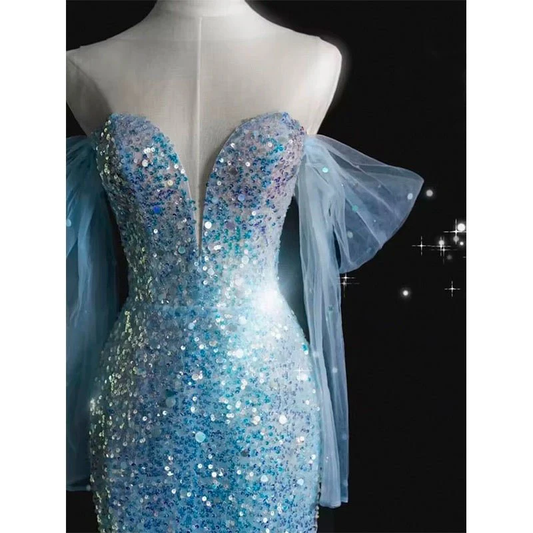 Wunderschönes blaues Meerjungfrau-Pailletten-Langkleid für den Abschlussball, Abendkleid, Partykleid, D643