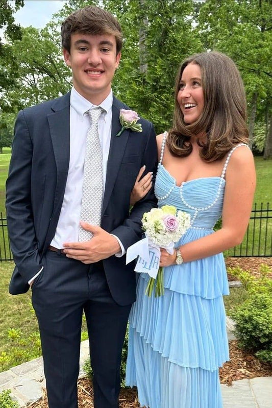 Blaues A-Linien-Partykleid mit Spaghettiträgern, langes, süßes Ballkleid, D644