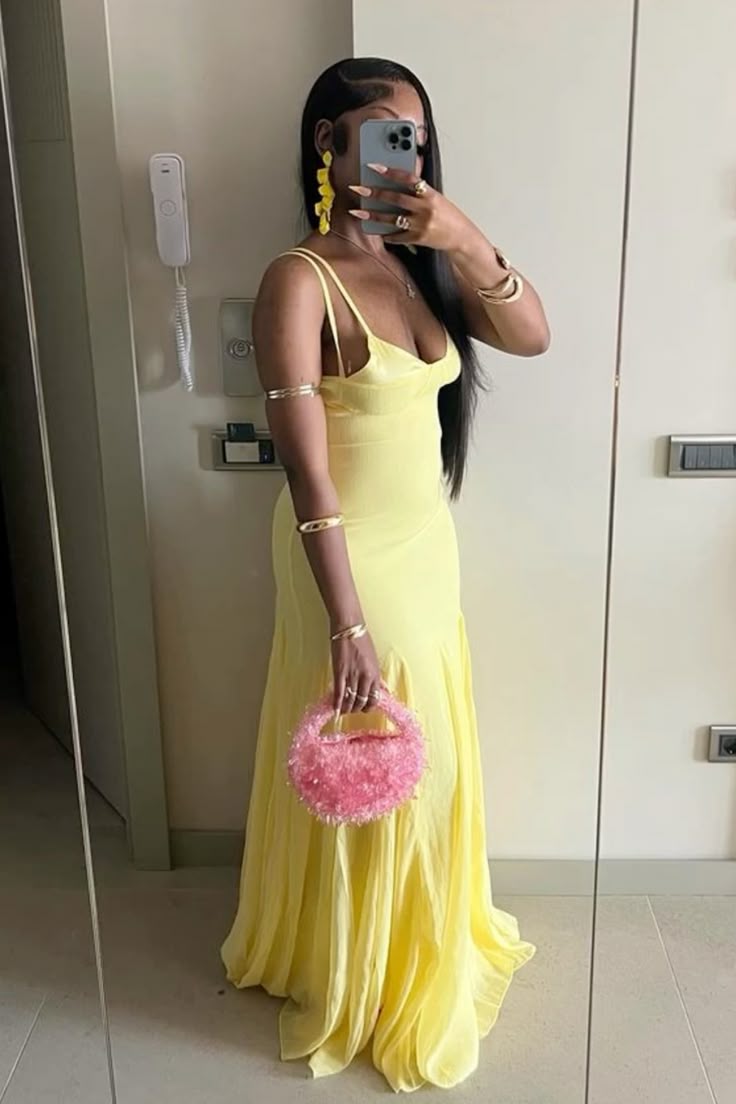 Sexy Yellow Spaghetti Straps Sheath Long Party Dress Wedding Guest Dress, D645
