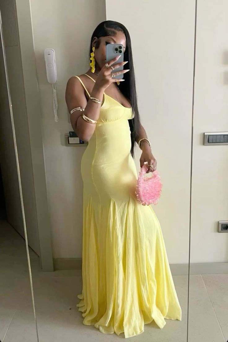 Sexy Yellow Spaghetti Straps Sheath Long Party Dress Wedding Guest Dress, D645