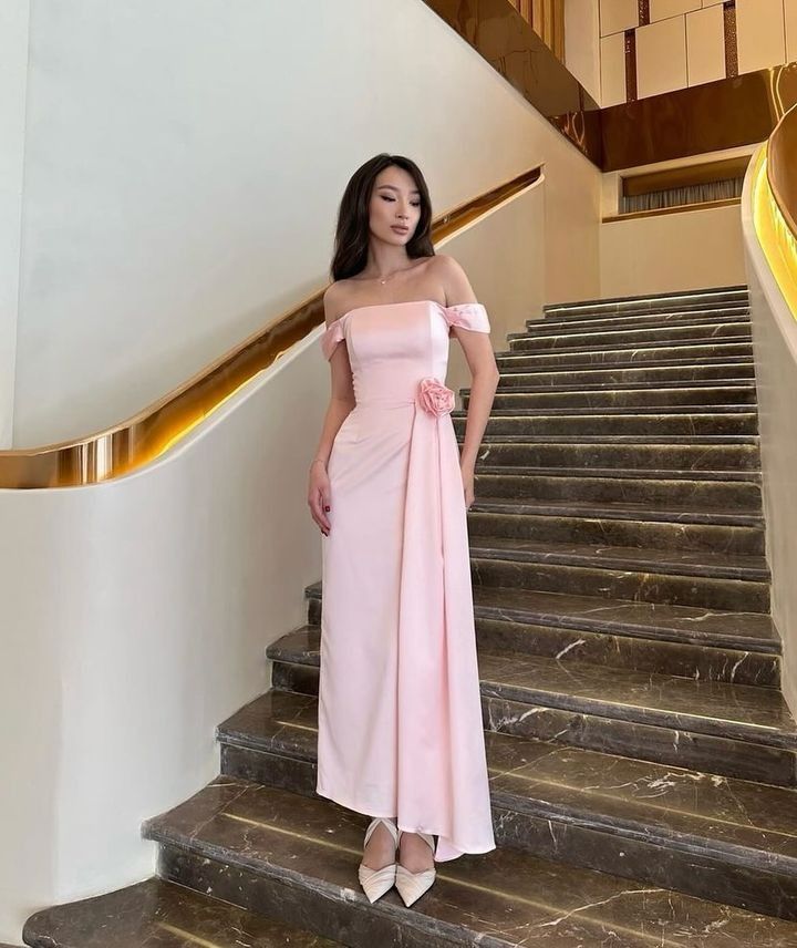 Light Pink Off Shoulder Sheath Satin Long Party Dress Bridesmaid Dress, D656
