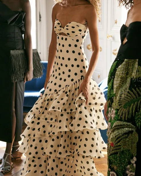 Robe de bal longue à pois rétro, décolleté en cœur, robe de soirée chic, D657