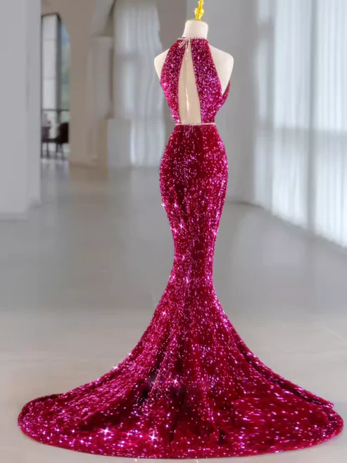 Robe de soirée longue sirène fuchsia élégante à paillettes et col licou MD7494
