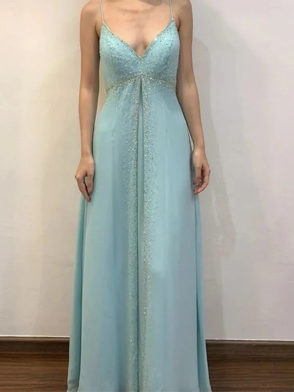 Robe de bal longue style vintage bleu Tiffany, col en V, bretelles trapèze, perles, D675