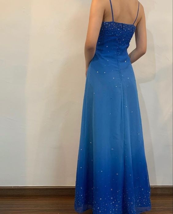 Navy Ombre Spaghetti Straps A-Line Beading Long Prom Dress Vintage Party Dress, D674