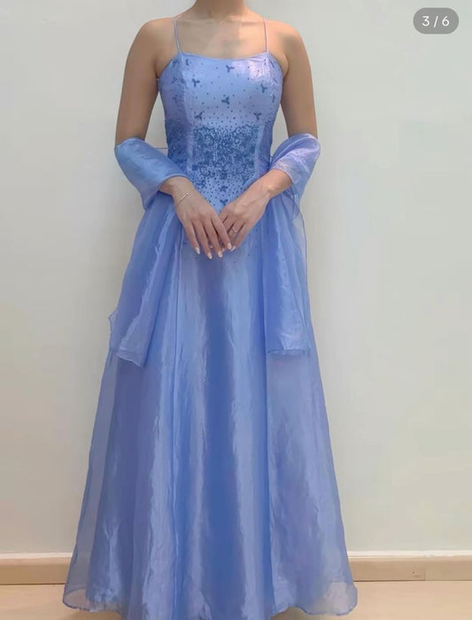 Lila Spaghettiträger A-Linie Perlenbesetztes langes Ballkleid Vintage Partykleid, D676