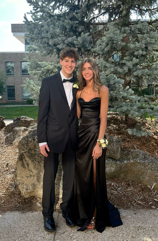 Schwarze Träger Meerjungfrau Satin Einfaches langes Ballkleid Abend Partykleid, D678