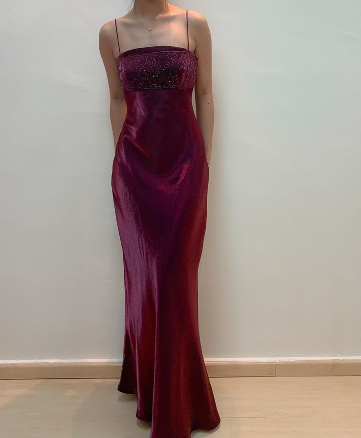 Dark Red Straps Beading Sheath Satin Long Prom Dress Vintage Party Dress, D683