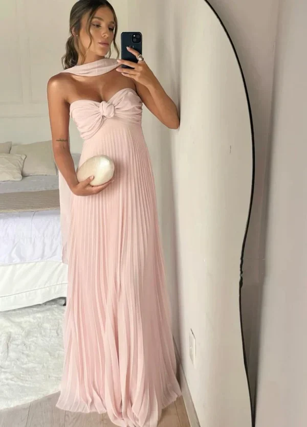 Pretty Pink A-Line Strapless Chiffon Long Party Dress Wedding Guest Dress, D689
