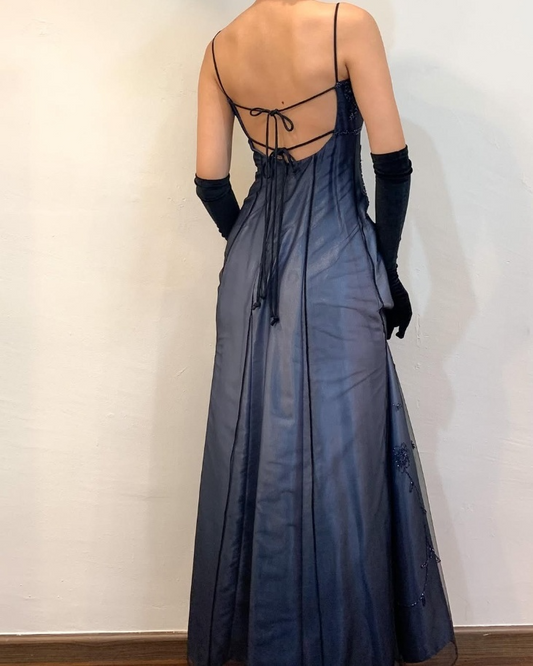 Dunkelmarineblaues Spaghettiträger-A-Linien-Ballkleid mit Perlenbesatz, Vintage-Partykleid, D693