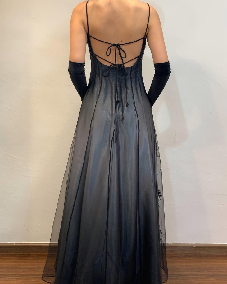 Black Spaghetti Straps A-Line Beading Long Prom Dress Vintage Party Dress, D694