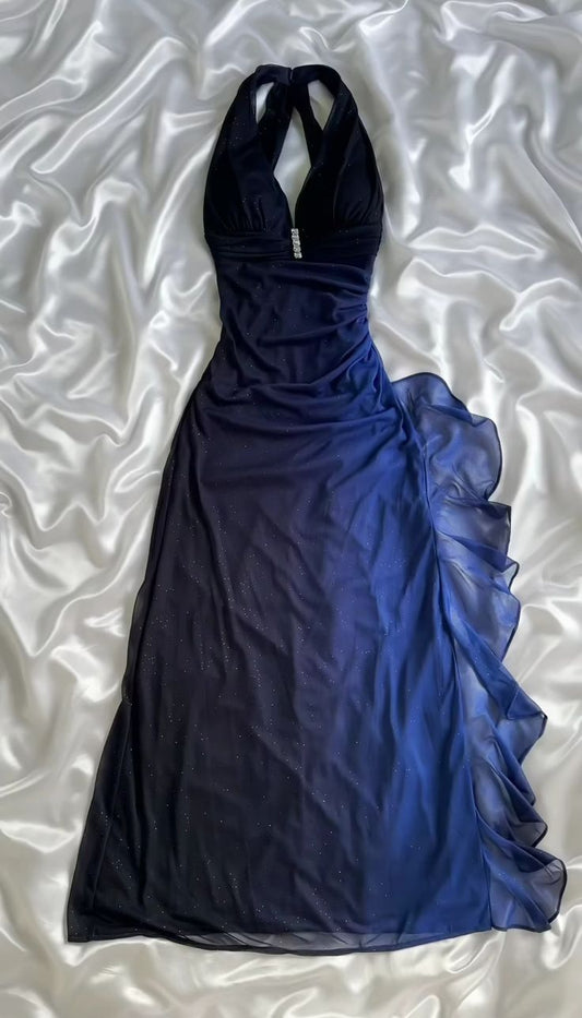 Robe de soirée longue fourreau bleu foncé en mousseline de soie, style vintage, D697