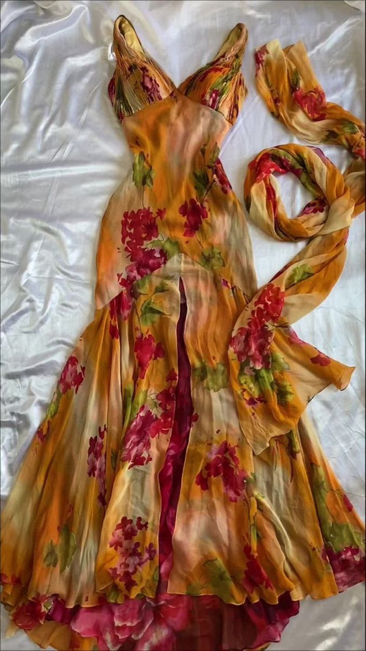 Robe de soirée longue vintage à col en V et imprimé floral, style rétro, D701
