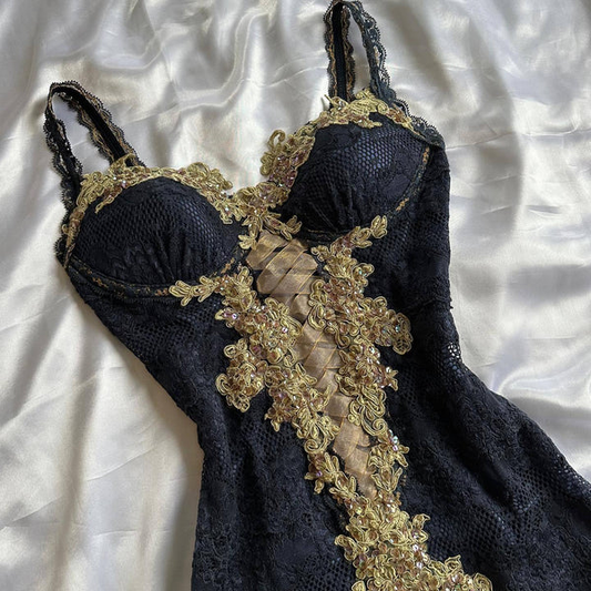 Schwarze Träger Spitzenapplikationen Etui Langes Partykleid Vintage Ballkleid, D702