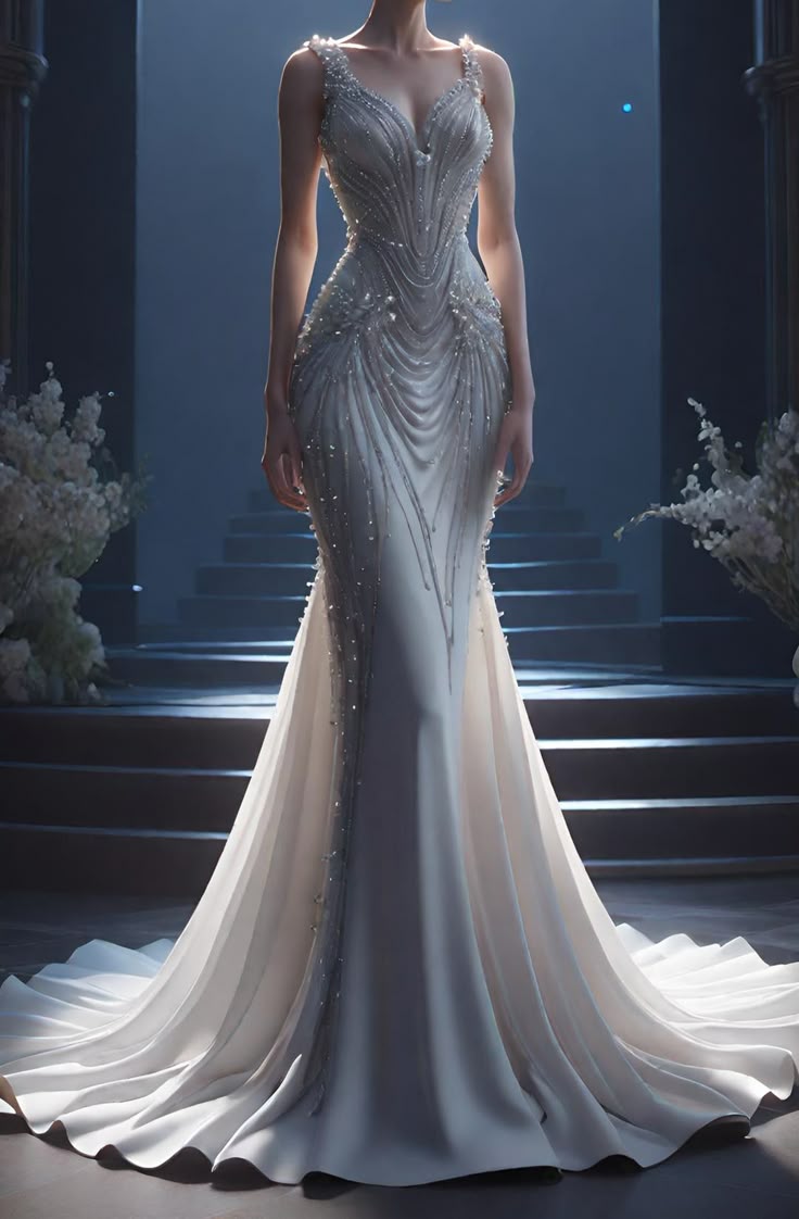 Wunderschönes weißes Trägerkleid mit Perlenbesatz im Meerjungfrau-Stil, langes Abendkleid, Partykleid, D705