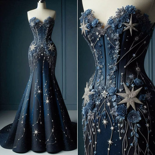 Dunkelmarineblaues Meerjungfrau-Kleid mit Herzausschnitt und Perlenapplikationen, langes Abendkleid, D713
