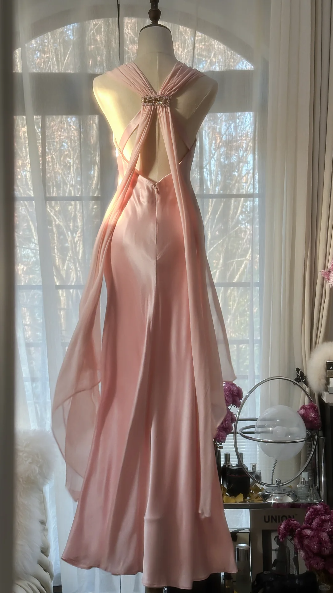 Elegantes rosa Etuikleid aus Satin im Vintage-Stil, langes Partykleid, Abendkleid, D730