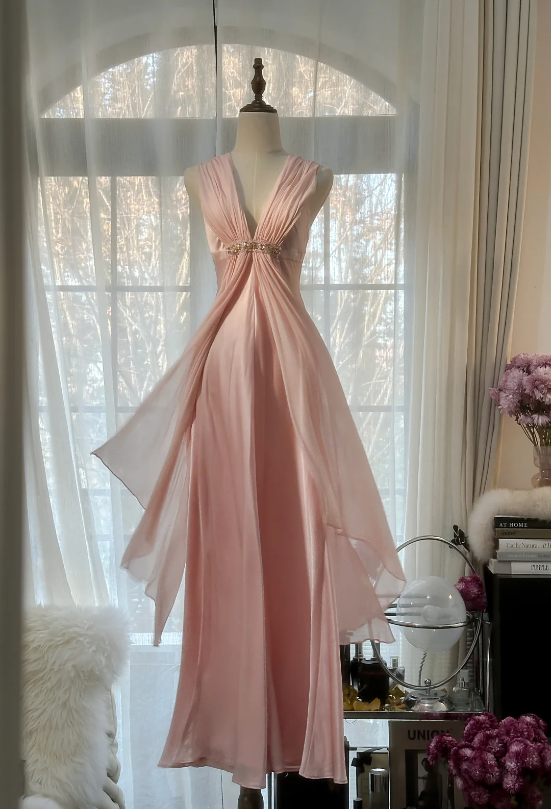 Elegantes rosa Etuikleid aus Satin im Vintage-Stil, langes Partykleid, Abendkleid, D730