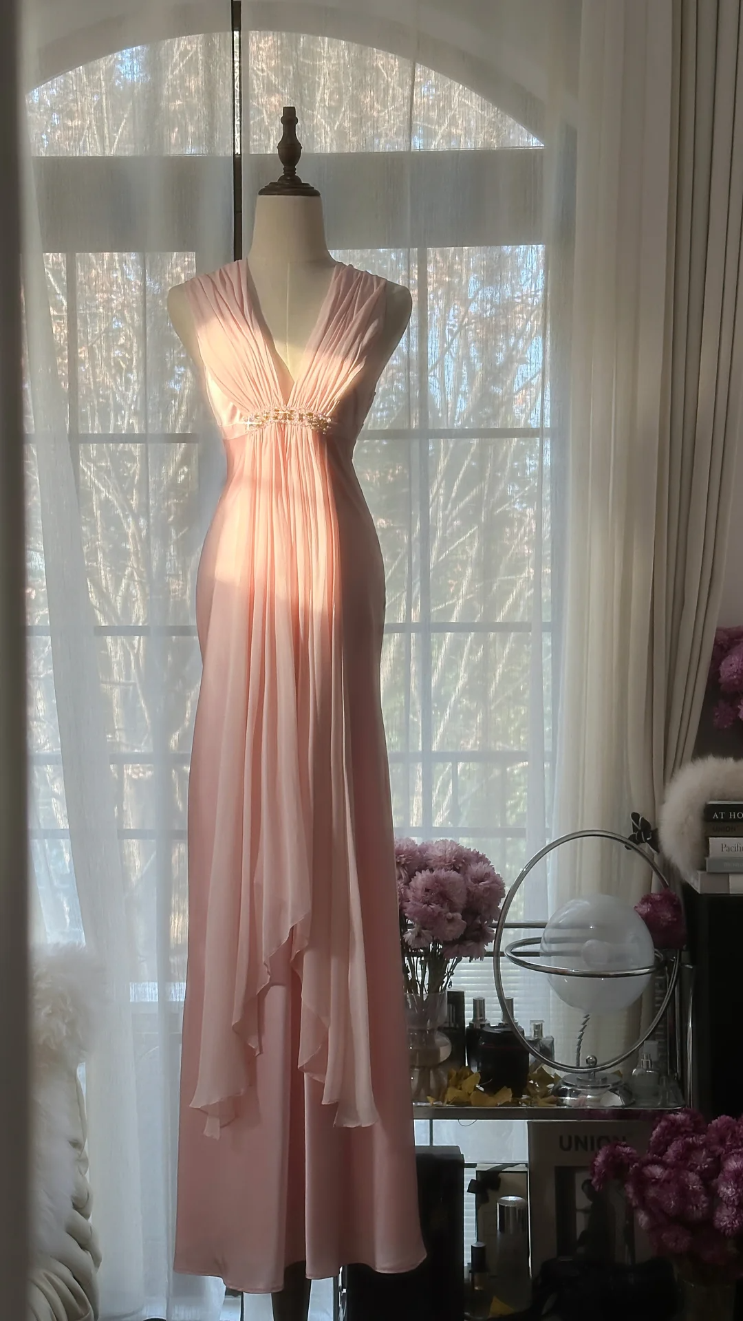 Elegantes rosa Etuikleid aus Satin im Vintage-Stil, langes Partykleid, Abendkleid, D730