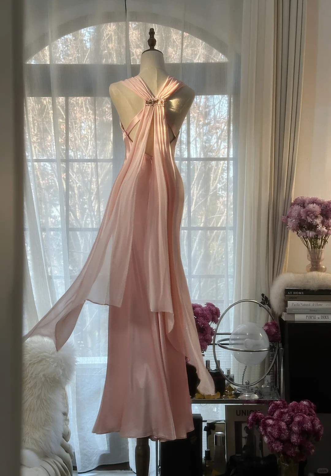 Elegantes rosa Etuikleid aus Satin im Vintage-Stil, langes Partykleid, Abendkleid, D730
