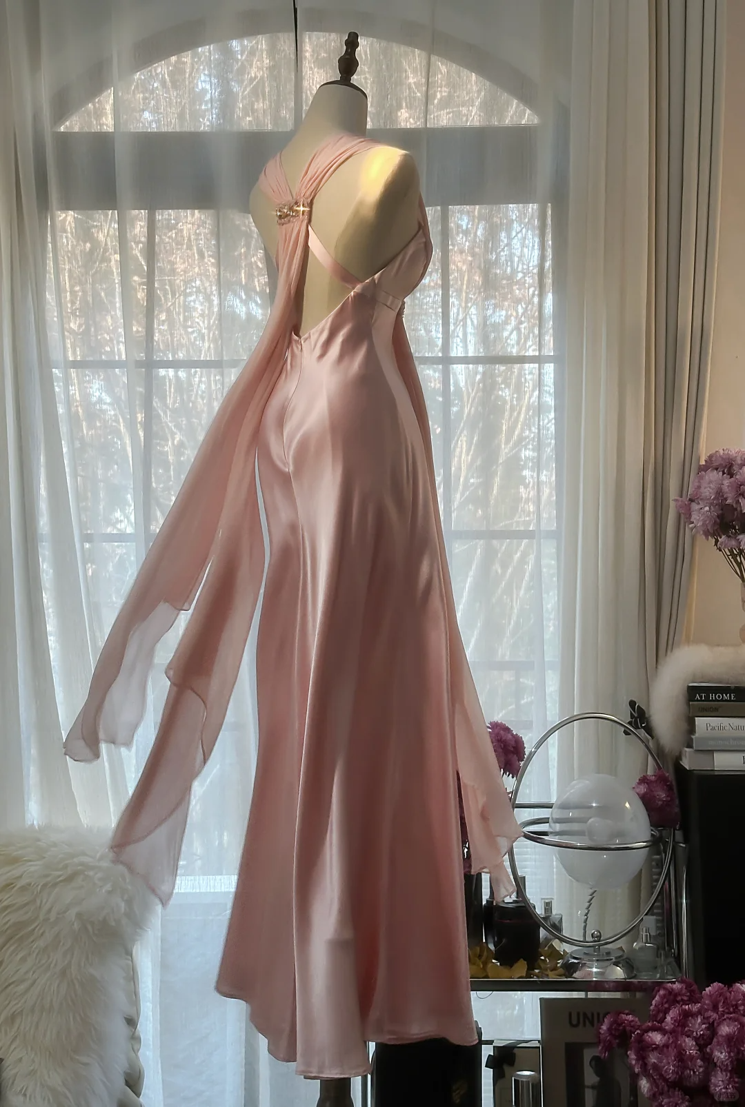Elegantes rosa Etuikleid aus Satin im Vintage-Stil, langes Partykleid, Abendkleid, D730