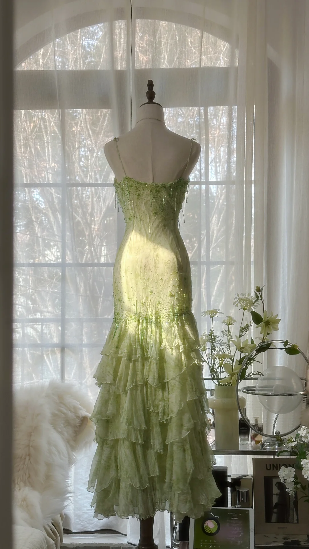 Grüne Träger Meerjungfrau Stufenbesatz Vintage Langes Partykleid Abendkleid, D731