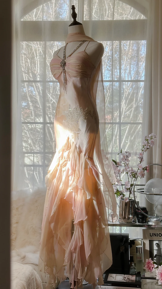 Hellrosa Träger Meerjungfrau Stufenbesatz Vintage Langes Partykleid Abendkleid, D732