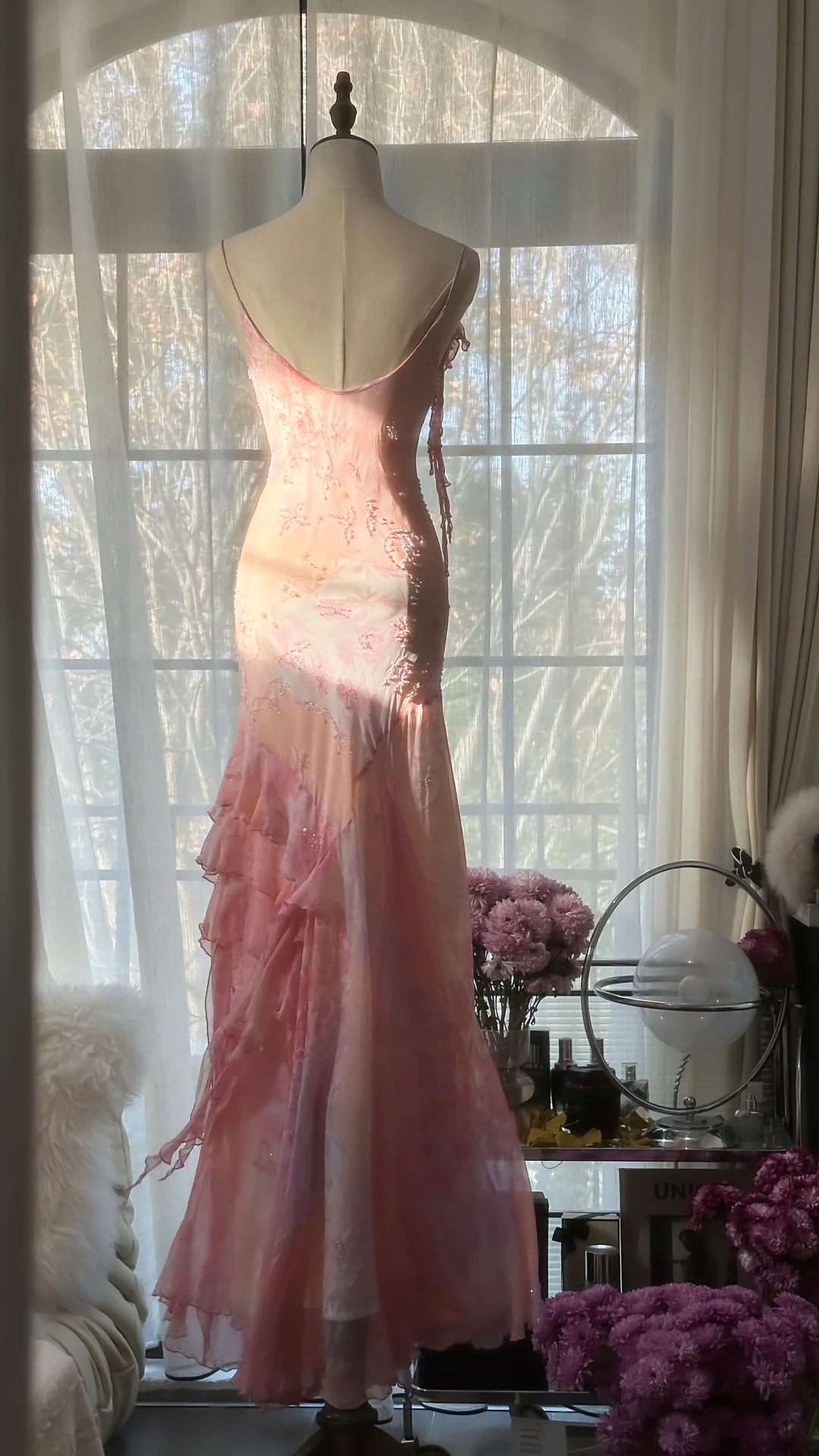 Pink Spaghetti Straps Beaing Chiffon Vintage Long Party Dress Evening Gown, D733