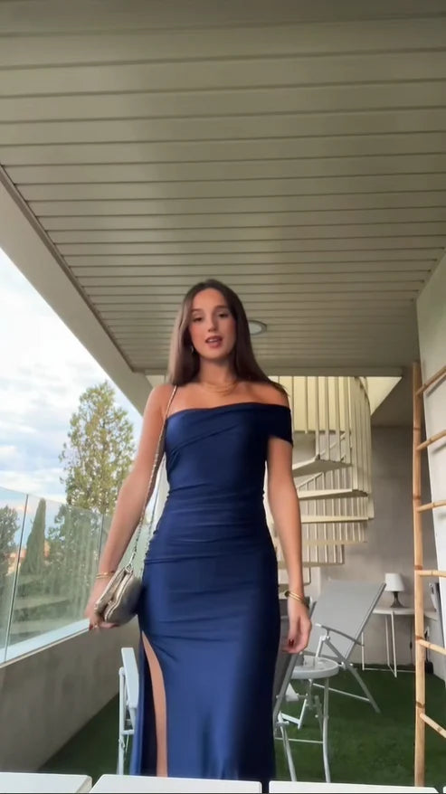 Dunkelmarineblaues langes Partykleid aus Satin mit einer Schulter, D735