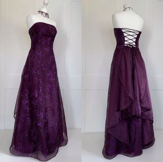 Dunkelviolettes trägerloses A-Linien-Chiffon-Vintage-Partykleid, langes Abendkleid, D786