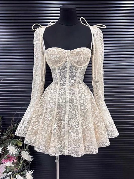 Robe de soirée trapèze à manches longues et dentelle brodée, nouvelle collection tendance, D1388